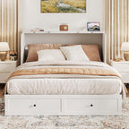 Queen Murphy Bed with Storage & Charging Station, Murphy Cabinet with Foldable Panel, Noisy Free, for Guest Bedroom, Living Room, Office, Distressed White