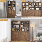 72'' Tall Bookcase with Doors, Adjustable Shelves, P2 MDF Construction, 32'' Wide Freestanding Cabinet with Metal Handles, Hidden Storage for Living Room, Bedroom, Brown