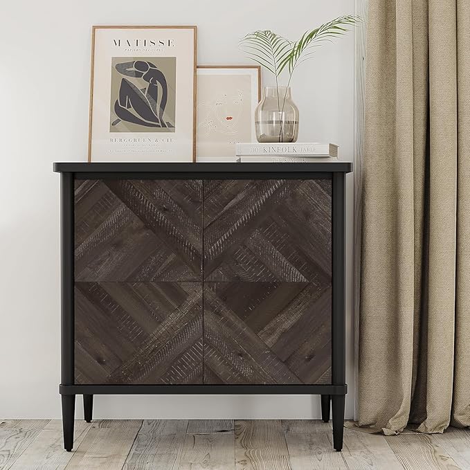 Lenia Solid Wood Storage Cabinet with Diamond Pattern Doors, Rustic Farmhouse Accent Cabinet for Living Room, or Entryway, Durable Acacia Wood, Mocha Black