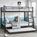 Full XL Over Queen Bunk Bed with Trundle, Heavy-Duty Metal Bunk Bed w/Full-Length Guardrail & EVA Padded Ladder, Convertible to 3 Separate Beds for Adults, Teens, Noise-Free, Black