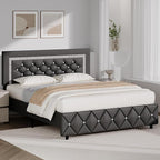 BarnFurin Full Bed Frame with Diamond Tufted Headboard, Faux Leather Upholstered Bed with Wooden Slats Support, No Box Spring Needed, Mattress Foundation, Easy Assembly, Gray