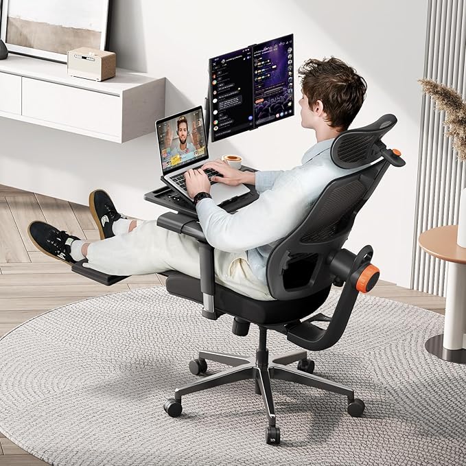 Newtral Office Chair Ergonomic with Footrest, Auto-Following Lumbar Support, High Back Desk Chair with 4D Armrest,136° Tilt Lock, Adjustable Seat Depth & Height (Supreme with Laptop Tray, Black)