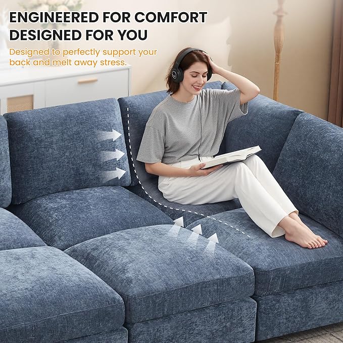 Modular Sectional Cloud Sofa Bed, 8-Seater Convertible Sofa Couch with Ottoman, Modern Deep Seat Sleeper Sofa for Living Room, Chenille Blue