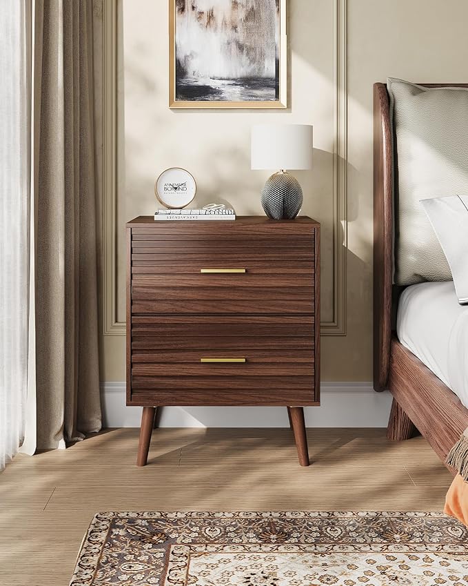 WLIVE Wood Night Stand with 2 Drawers, Mid Century Modern Nightstand, Fluted Bed Side Tablefor Bedroom, Dorm, Living Room End Table