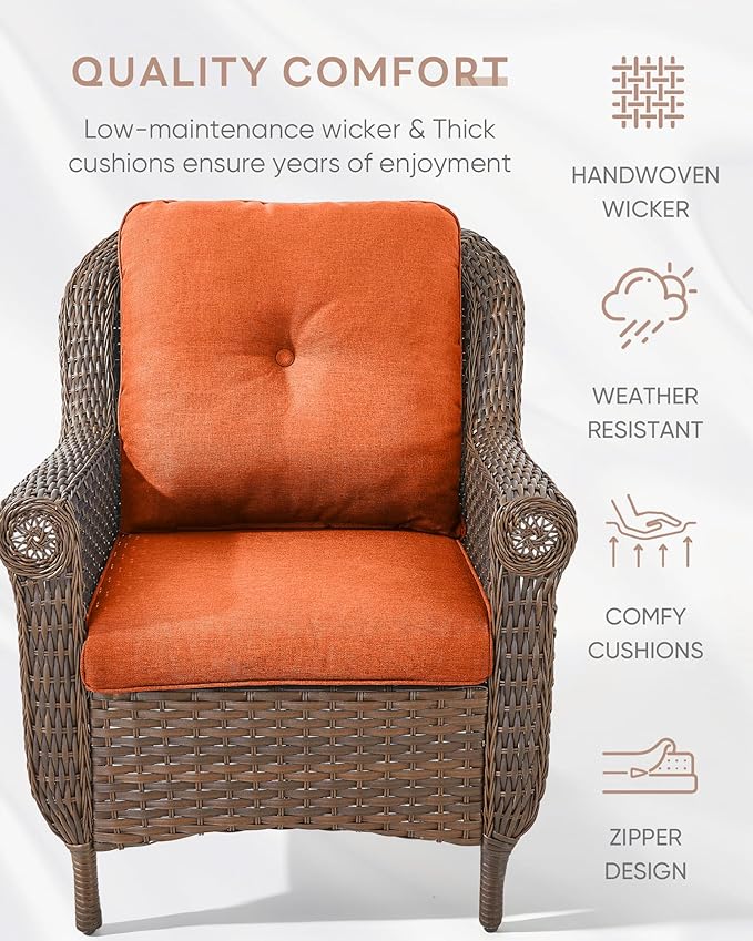 Patio Wicker Chairs Outdoor Furniture Chair - Set of 4 Outside All Weather Lawn Dining Brown Rattan Armchair with High Back&Deep Seating for Deck Porch Balcony Backyard Garden - Orange