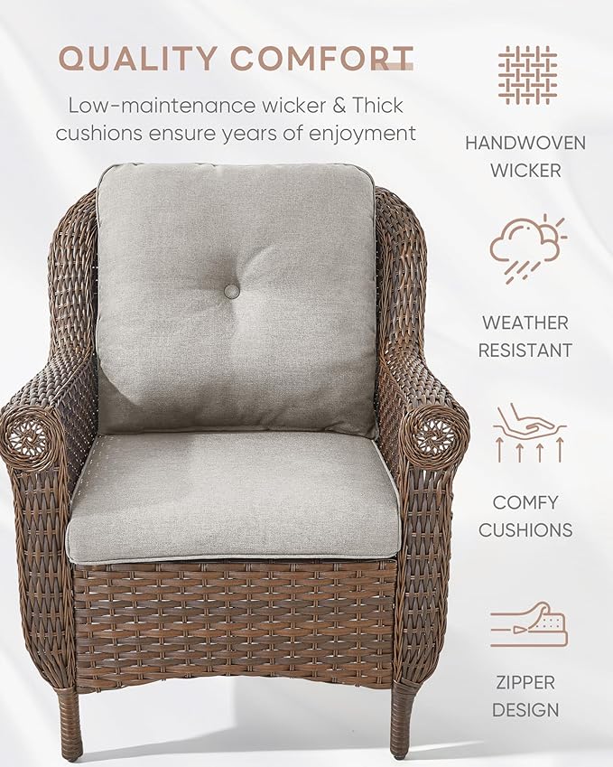 Outdoor Patio Chairs with Fire Pit Table 5 Piece Set - High Back Brown Wicker Rattan Lawn Chair with Thick Cushion for Porch Apartment Deck Yard Poolside Garden - Beige