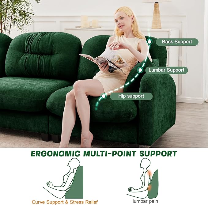 74" Loveseat U Shaped Couch with 2 Ottoman, Comfy Chenille Fabric Cloud Sectional Couch, Modern Upholstered Deep Seat Sofas with Armrest Pillow, Cloud Sofa for Small Spaces Apartment, Green