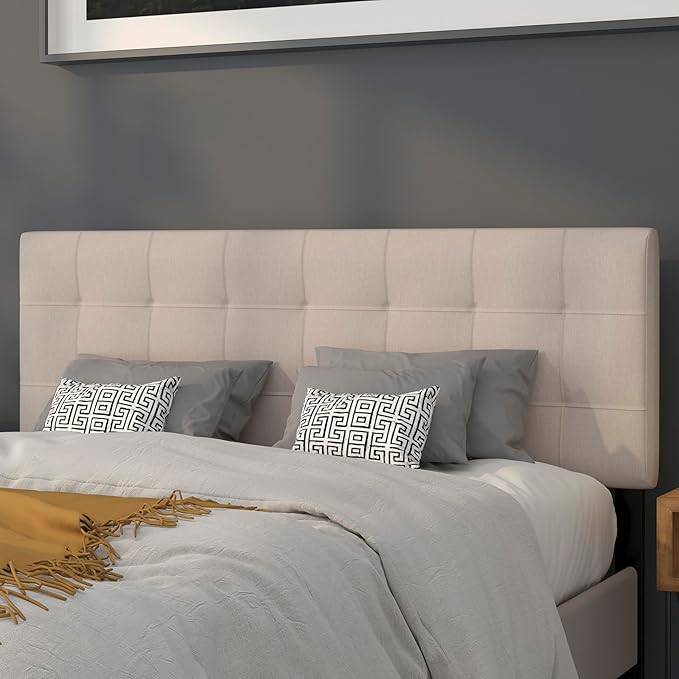 EMMA + OLIVER Quilted Tufted Upholstered Queen Size Headboard in Beige Fabric