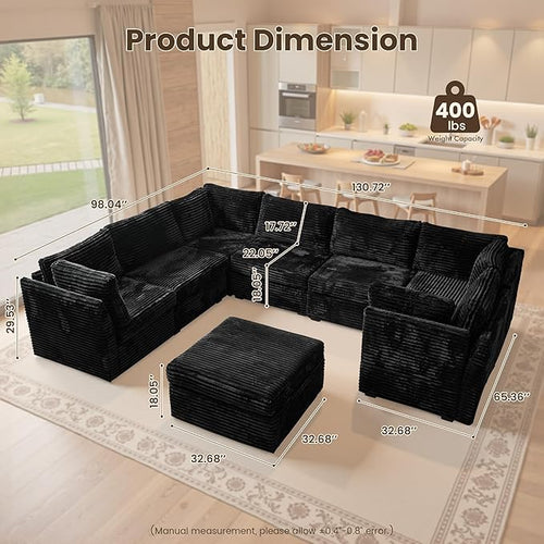 130'' Modern Modular Sectional Sofa with Ottoman, 8 Seater U Shaped Cloud Couch for Living Room, Oversized Deep Seat Convertible Sofa Set, Plush Corduroy Black