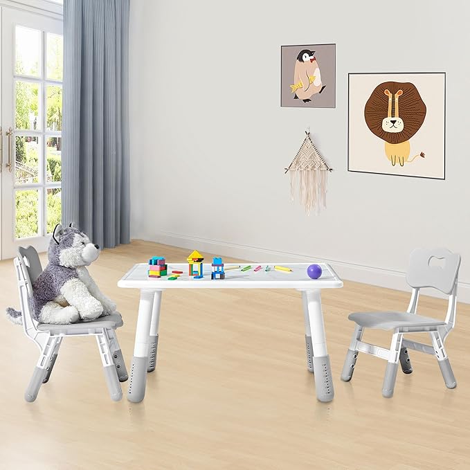 Adjustable Kids Table Chairs Set – Graffiti Desktop, Multi-Activity Height-Adjustable Toddler Study Desk for Ages 3-8 – Ideal for Home, Classroom, Daycare (B-Gray, 2 Chairs-31.5" L x 23.6" W)