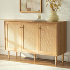Rattan Storage Cabinet with 3 Doors, Boho Sideboard Buffet Cabinet Solid Wood Farmhouse Credenza Cabinet with Adjustable Shelves for Living Room Kitchen Entryway Hallway, Natural Oak
