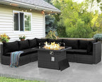 NICESOUL 7 Piece Outdoor Furniture Set with Fire Pit Table Natural Gas & Propane Convertible, 29.3'' High Back Extra Large Rattan Patio Modular Sectional Conversations, 2 Color Cushion Black & Gray