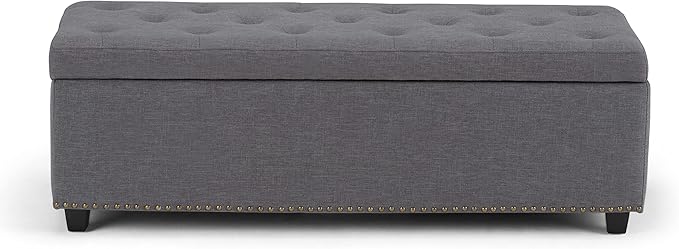 SIMPLIHOME Hamilton 48 inch Wide Transitional Rectangle Storage Ottoman in Slate Grey Linen Look Fabric, Assembled, For the Living Room, Entryway and Family Room