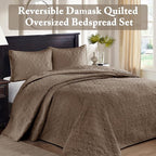 Madison Park Quebec Reversible Damask Design, Double Sided Quilting All Season, Lightweight Coverlet Bedspread Bedding Set, Matching-Shams, King(120"x118"), Mocha