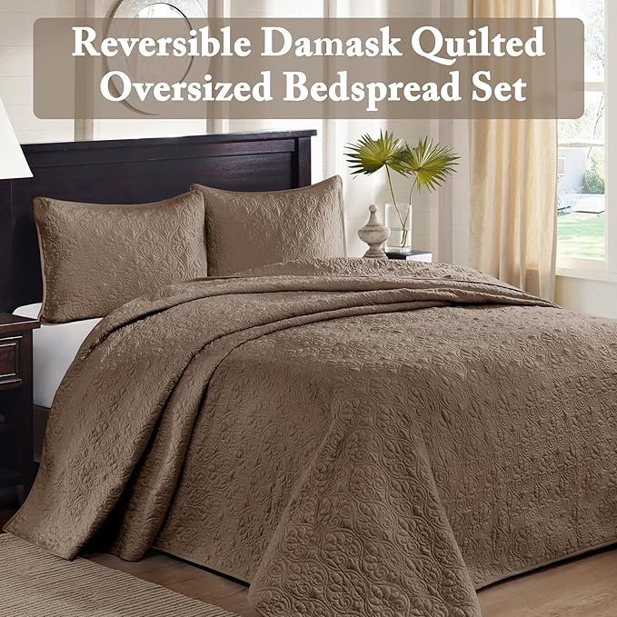 Madison Park Quebec Reversible Damask Design, Double Sided Quilting All Season, Lightweight Coverlet Bedspread Bedding Set, Matching-Shams, Queen(102"x118"), Mocha