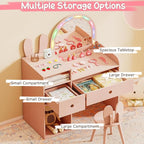 Costzon Kids Vanity, Girls Vanity Set with Mirror and Stool and Lights, Drawers & Storage Compartments, Toddler Makeup Vanity Desk Dressing Table, Wooden Kids Vanity Table and Chair Set (Pink)