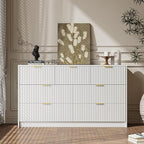 3-Piece Dresser Bedroom Set, 7 Drawer Dresser & 3 Drawer Nightstands with Gold Handles, Fluted Wood Chest of Drawers for Bedroom, Living Room, Entryway, White