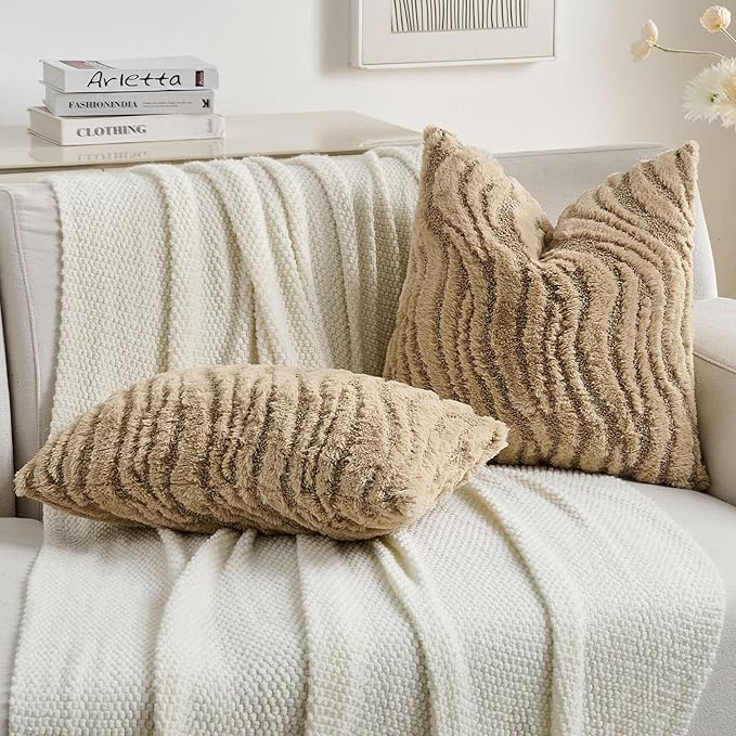 FUTEI Khaki Decorative Throw Pillow Covers 12x20 Inch Set of 2,Soft Faux Fur Geometric Shapes Texture Pillowcase,Boho Home Decor for Couch Bed Living Room