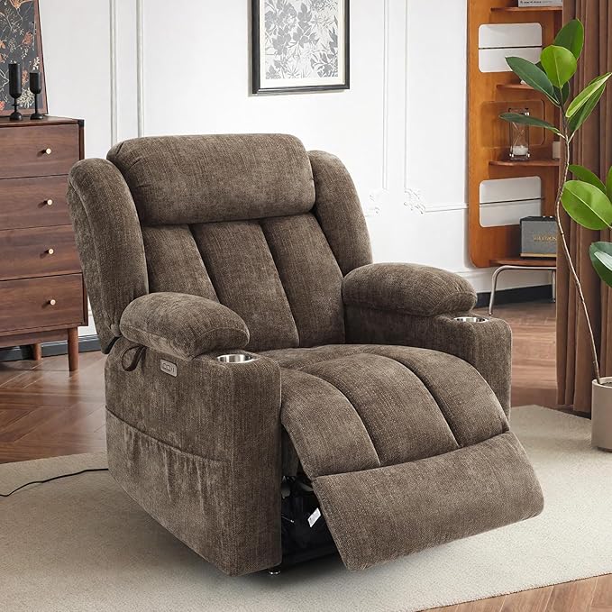 Large Power Lift Recliner Chair with Massage and Heat, Durable Heavy Duty Steel Mechanism Chenille Fabric High-Density Sponge, USB & Type-C Port Standing Assistance Brown Reclining Chair