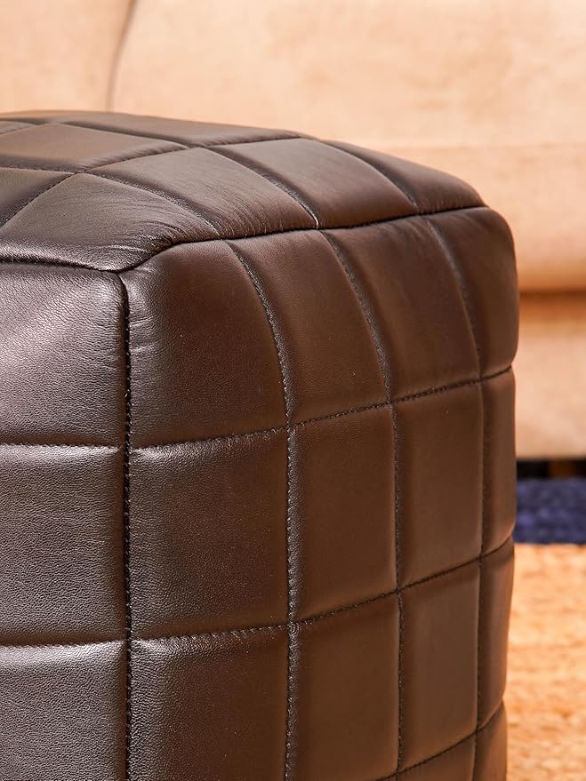Handmade Eco-Friendly Geometric Leather Pouf Black Color Square 14" x 14" x 14" Goat Leather Pouf for Living Room, Bedroom Seating, Patio