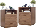 Walnut Night Stand Set of 2 with Charging Station, 25.8" Tall Wood End Table with 2 Storage Drawers and Open Shelf, Mid Century Modern Bedside Table for Bedroom, Living Room, Walnut