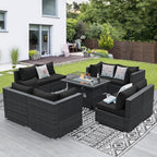 NICESOUL 9 Piece Outdoor Patio Sectional Furniture Set with Firepit Table Natural Gas/Propane, 29.3 High Back Comfy Conversations for Outside, 8 Seats Large Rattan Couch, 2 Color Cushion Black &Grey