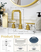 WOWOW Brushed Gold Bathroom Faucet Widespread Bathroom Sink Faucet 2 Handle Lavatory Tap 3 Holes with Drain and Supply Hoses Mordern Basin Taps