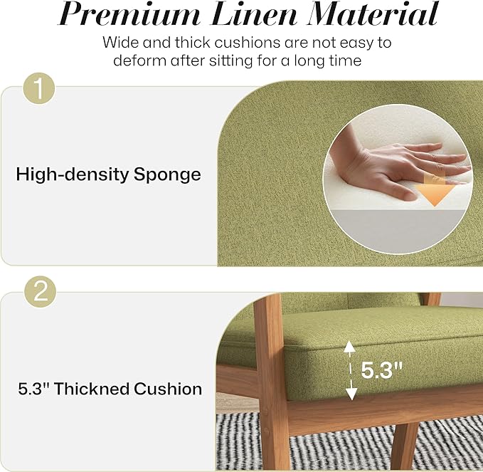 KCC Mid-Century Modern Linen Fabric Accent Chair Set of 2, Upholstered Tufted Leisure Chair Comfy Reading Side Chair with Armrest and Solid Wood Frame for Living Room Bedroom Balcony(Green)
