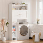 MU Over The Toilet Storage Cabinet with Doors, 32" Bathroom Storage Organizer with Side Shelves, Space-Saving Toilet Storage Rack for Bathroom, Laundry (White)