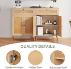 Rattan Storage Cabinet, 2-Door Oak Sideboard with Drawers, Buffet Sideboards with Storage, Elegant Boho Design for Dining Room or Living Room, 1 Drawer for Extra Organization