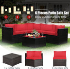 Tangkula 6 Pieces Patio Furniture Set, Outdoor Rattan Sofa Set, Wicker Conversation Set w/Tempered Glass Coffee Table & Cushions, Sectional Sofa Set for Backyard, Garden, Balcony, Poolside (Red)