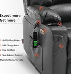 MCombo Oversized Dual Motor Power Lift Recliner Chair Sofa with Massage and Heat for Big Elderly People, Infinite Position, USB Ports, Faux Leather R7677 (Dark Grey, Medium-Oversize)