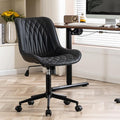 YOUNIKE Black Home Office Desk Chair Armless Comfy Small Ergonomic Rolling Vanity Chair with Wheels Wide Swivel Adjustable Modern Task Chair Back Cute Leather Upholstered Sewing Drafting Chair No Arms
