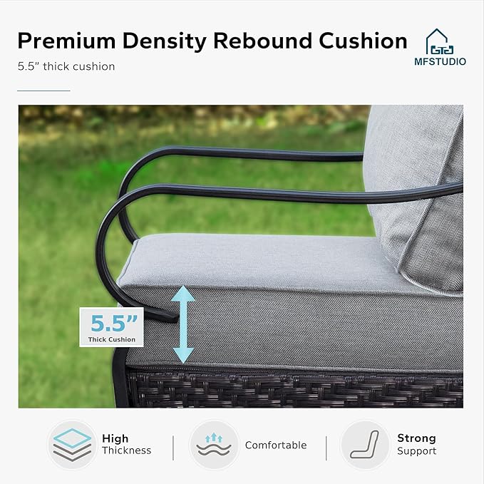 MFSTUDIO 4 Pieces Outdoor Patio Furniture Set, Metal Outdoor Conversation Set, Rattan Wicker Patio Sectional Sofa Set with 2 x Fixed Single Sofa, 3-Seat Sofa, 1 x Coffee Table, Grey