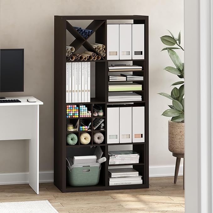 Furinno Cubicle Cube Insert, X-Shelf Cube Organizer, Fits into Extra Thick Cubes, for Organizers and Storage, Dark Oak (Does not fit IKEA Kallax Shelving)