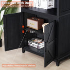 70in Tall Bookshelf 5 Tier Bookcase with Barn Doors and Adjustable Shelves, Black Farmhouse Book Shelf with Storage Cabinet, Wood Freestanding Display Bookshelves for Bedroom, Kitchen (2PCS)