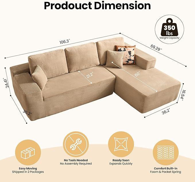 104" Cloud Sectional Couch with Chaise, Boneless L-Shaped Cloud Couch with Deep Seat, Corduroy Modern Minimalist Sofa, Assembly Free Comfy Sofa for Office Living Room Apartment(Camel, Right Chaise)