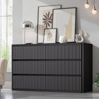 Black Dresser for Bedroom with 6 Double Drawers, 48" Wide Wooden Chest of Drawers with Curved Profile, Modern Fluted Dresser TV Stand, Wood Closet Clothes Storage Organizer for Living Room