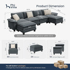 PHI VILLA Cloud Modular Couch Sets, 157.5" Sectional Sofa with U-Shaped Chaise, 6-Seater Couches with Movable Ottomans for Living Room, Chenille Fabric, Dark Cyan