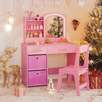Costzon Kids Vanity with Lights, Princess Makeup Dressing Desk with Mirror and Stool, Storage Drawers, Shelves, Kids Vanity Table and Chair Set for Little Girls (Pink)