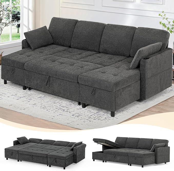 110" Fabric Pull-Out Couch Bed w/Adjustable Backrests, Sectional Sleeper Sofa w/USB Ports & 2 Cup Holders, Upholstered U-Shaped Couch w/Storage Chaise for Living Room, House, Grey