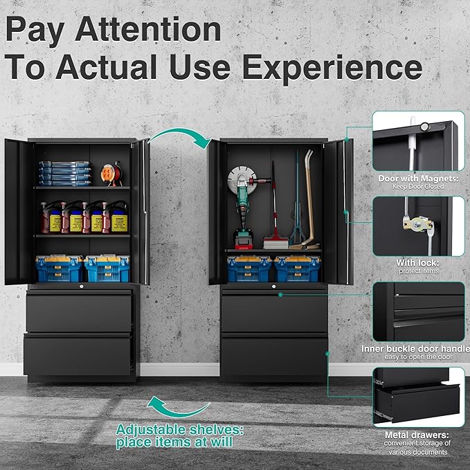 SISESOL Black Metal Storage Cabinet with Drawers and Lock,Locking Steel Storage Cabinet with Doors and Shelves,71" Office File Cabinets for Home Office,Warehouse,Garage,School (Black, 2 Drawers)