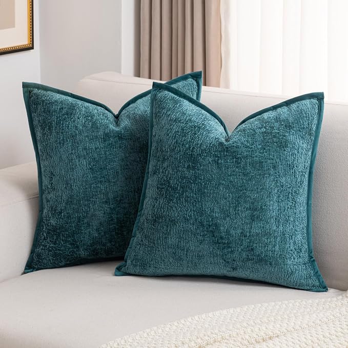 FUTEI Teal Chenille Throw Pillow Covers 24x24 Inch Set of 2,Soft Cozy Bound Edge Design European Cushion Cover,Home Decor for Couch Bed Living Room