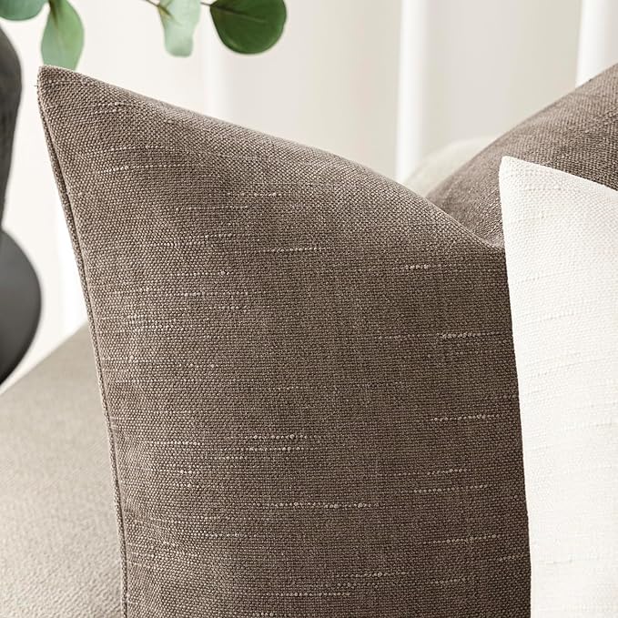 Foindtower Pack of 2 Soft Textured Chenille Throw Decorative Pillow Covers Square Accent Solid Cushion Cover Cozy Farmhouse Pillow Case with Zipper for Couch Sofa Bedroom Living Room 22x22 Inch, Taupe