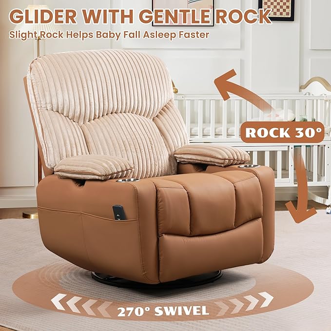 GRAINELL Rocking Chair Nursery, Electric Swivel Recliner Glider with Adjustable Armrests, Nursing Chair with USB Charger, Cup & Blanket Holders, Brown Corduroy & PU Leather