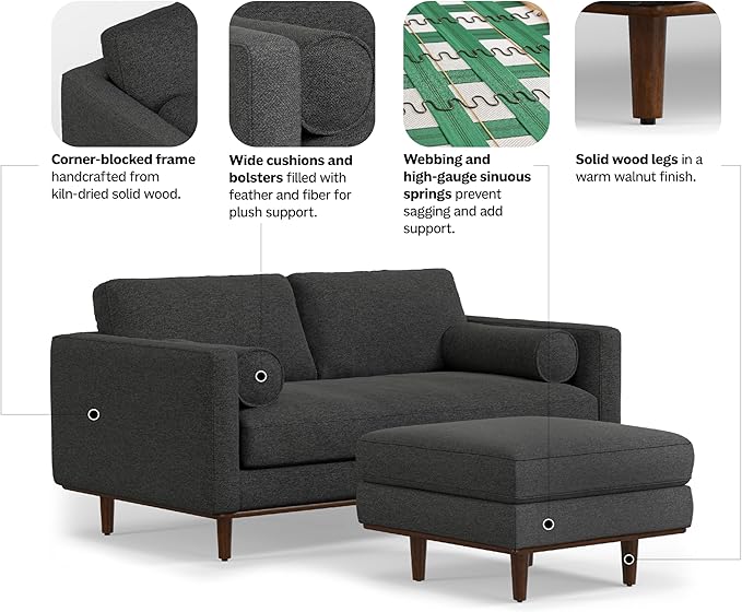 SIMPLIHOME Morrison Mid-Century Modern 72 inch Wide Sofa with Ottoman Set in Charcoal Grey Tightly Woven Performance Fabric for the Living Room and Family Room