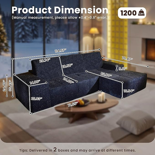 114" Glitter Cloud Sectional Couch with L-Shape Chaise, Modern Boneless Couches for Living Room, Fluffy Tufted Deep Seat Modular Sofa in a Box No Assembly