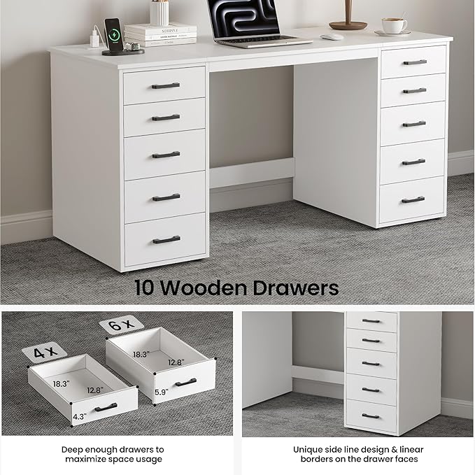 WOPITUES 60" Modern Home Office Desk with 10 Wooden Drawers, Computer Writing Desk with Power Outlets, Large Executive Desk with Storage Cabinet for Work Study Writing Craft, Pure White