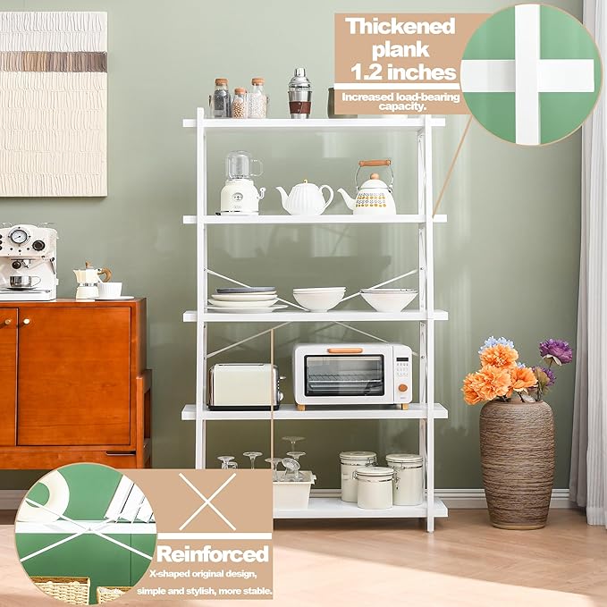 HCHQHS Bookshelf, 5-Tier Industrial Bookcase, White Open Book Shelf, Freestanding Tall Bookshelves with Metal Frame