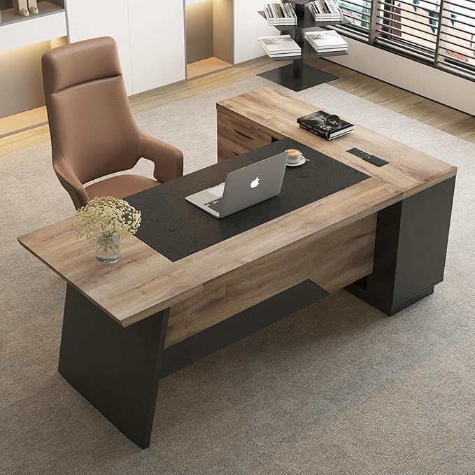 L Shape Executive Desk, Large Office Desk with Drawers & Shelves, 78.74 Inches Industrial Wooden Desk with Storage, Modern Computer Desk for Home Office, Black and Brown, Left Side